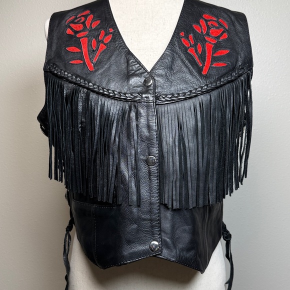 S & S Cycle Jackets & Blazers - VTG S&S Cycle‎ Black Leather Biker Vest Women L TX Rose Fringe Yoke Concho Moto